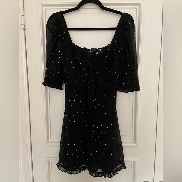 For Love & Lemons Lucky Dice Mini Puff Ruffle Sleeve Black Crystal Dot Dress - Picture 6 of 16